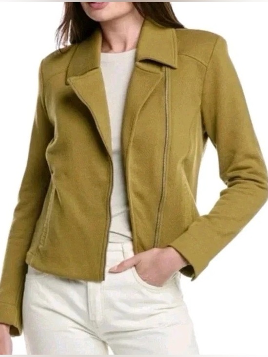 CAbi Jackets & Blazers - CAbi Olive Green Road Trip Zip-Front Moto Knit Jacket Sz M